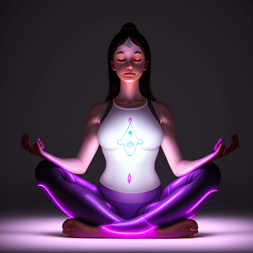 AI generated: Hyper realistic spiritual woman shape sitting in yoga pose with lights around, mind activation, indi...