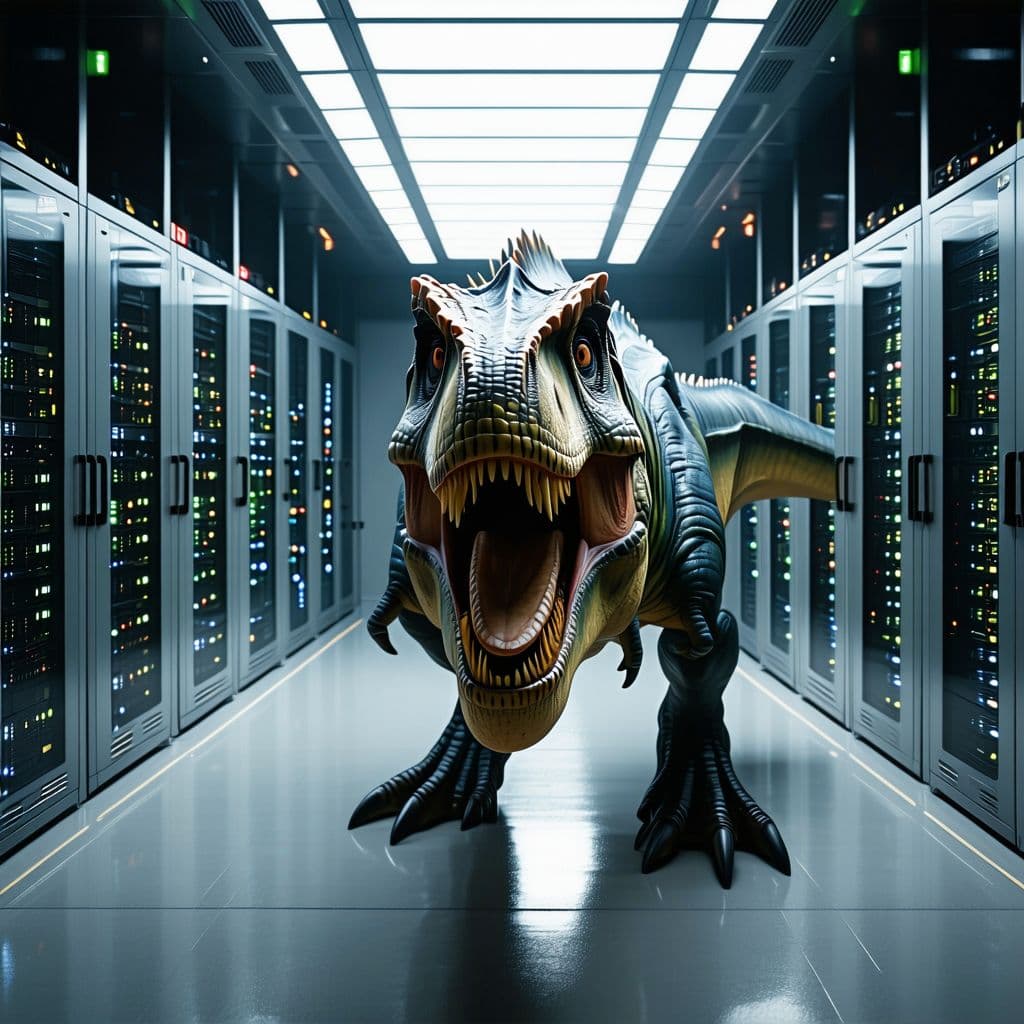 AI generated: Hyper realistic eye level photo of a tyrannosaurus rex, style transformers film. inside a mainframe ...