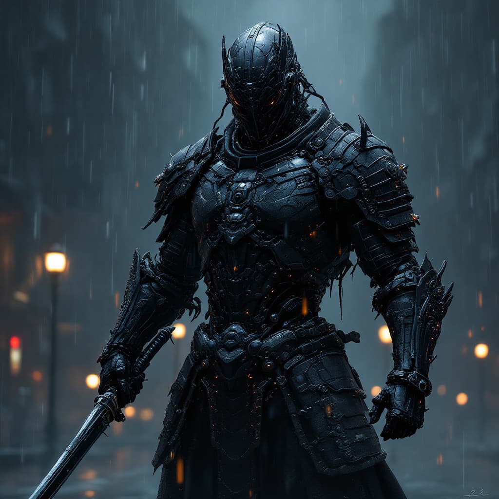 AI generated: epic digital wallpaper of a brutal cyborg samurai in black tech armor, alone, no face, intricate arm...