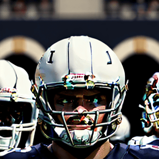 AI generated: front view of American football players, wearing white helmets, looking straight to the camera. Angr...