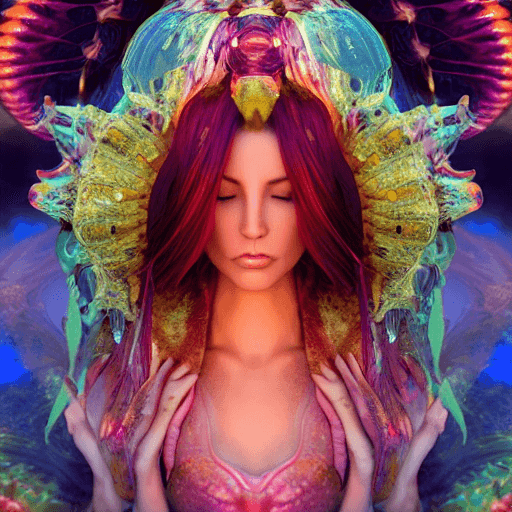 AI generated: goddess close-up portrait ribcagel. jellyfish phoenix head, nautilus, orchid, skull, betta fish, bio...