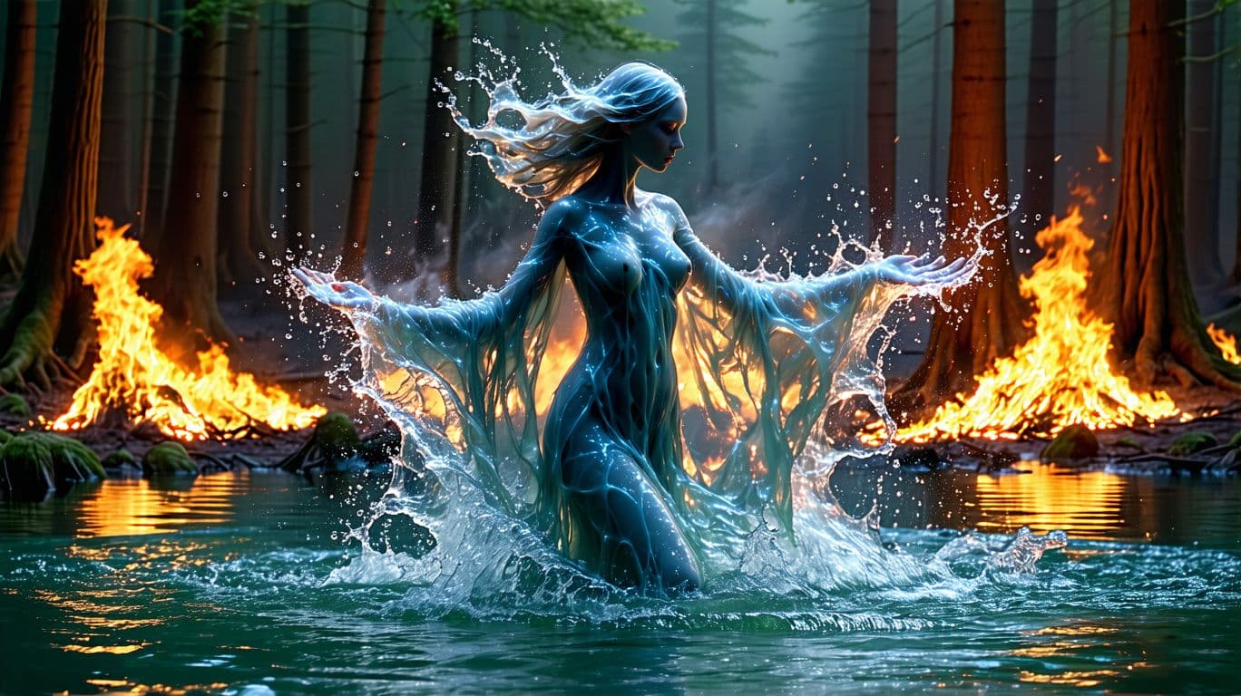 AI generated: female elemental being, queen of water, full body, realistic water hair, water skin, transparent bod...