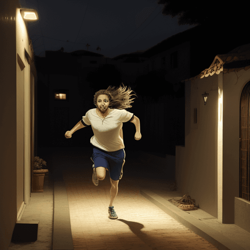 AI generated: pasco corriendo com un fideo en su casa de noche