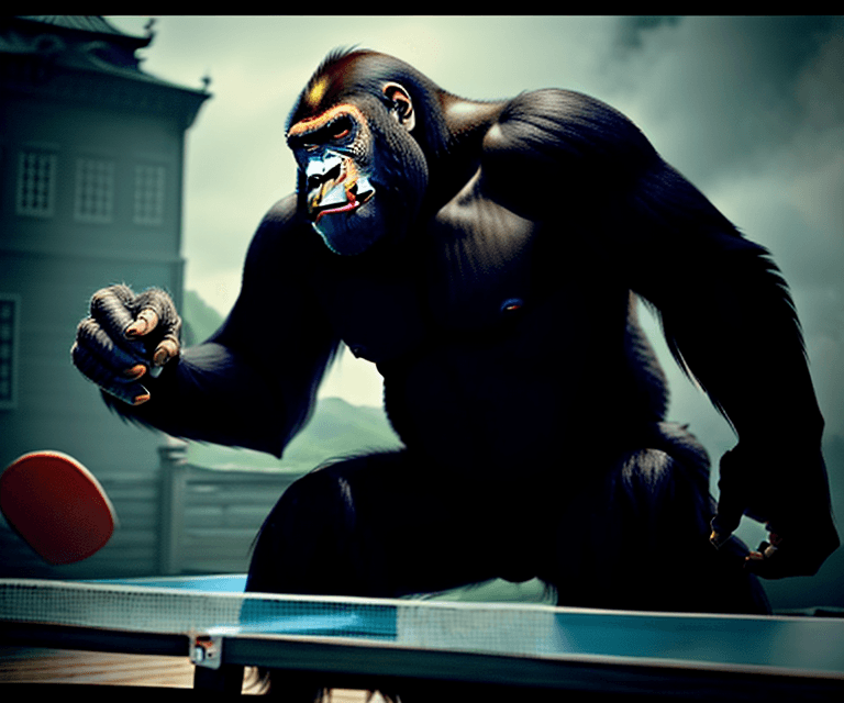 AI generated: King-Kong, the legendary Ape Monster, known from Hollywood movies plays ping-pong, a classical sport...