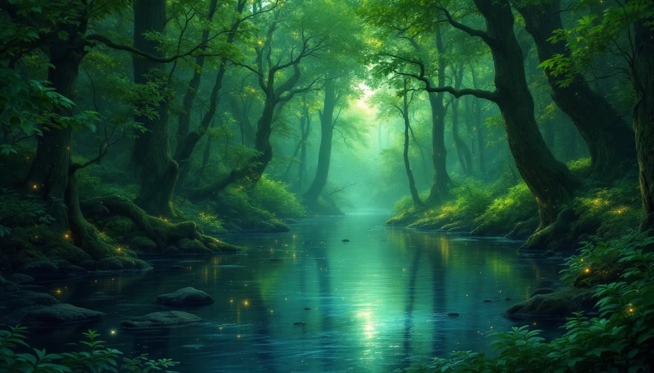 AI generated: Forest,amazing,river,wonderland,Green light,firefly
