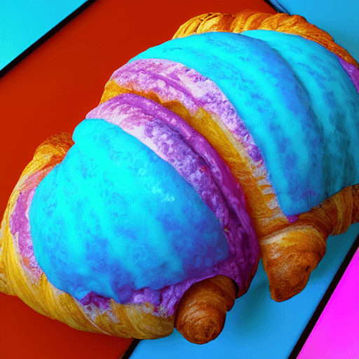 AI generated: psychodelic croissant, high quality, 4k, render, neon colors, comic illustration, unreal engine 5