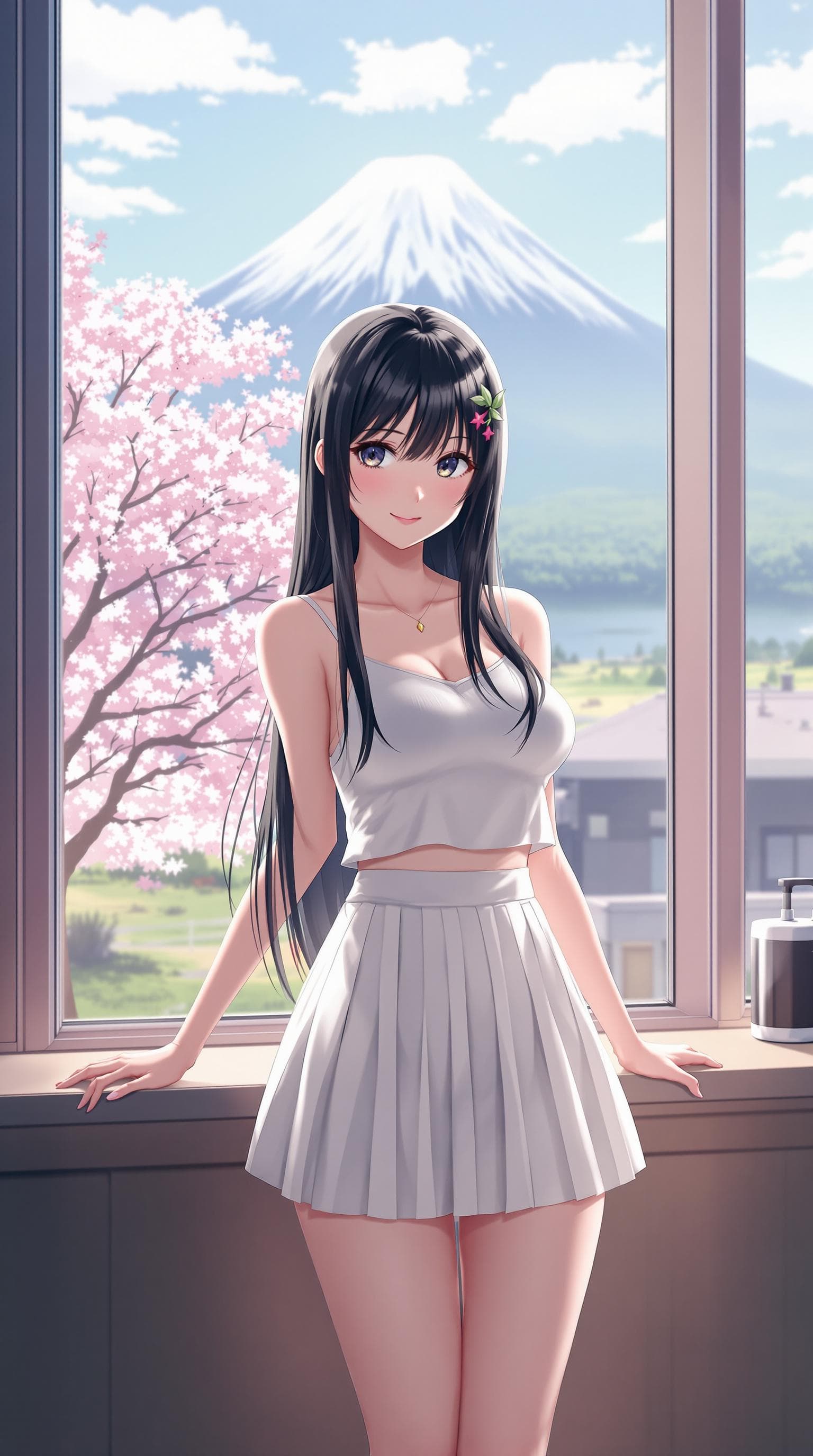 AI generated: anime style of a girl, young girl, long black hair, hair ornament, bangs, wearing a casual clothes, ...
