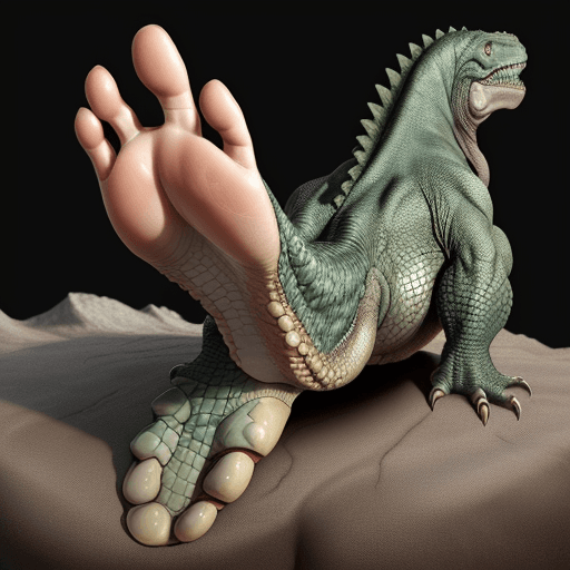 AI generated: a human foot similar to a dinosaur's foot with reptile claws instead of human nails. Place respitili...