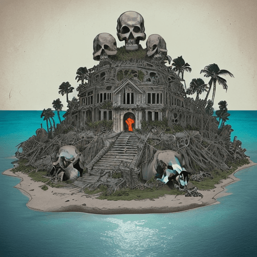 AI generated: A color comic style poster of the island of the dead, human skull figures of the undead, with A penc...
