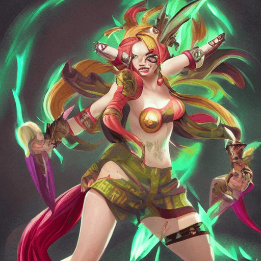 AI generated: painterly style, seductive female League of legends Jinx character fighting at war, raging, crazy sm...