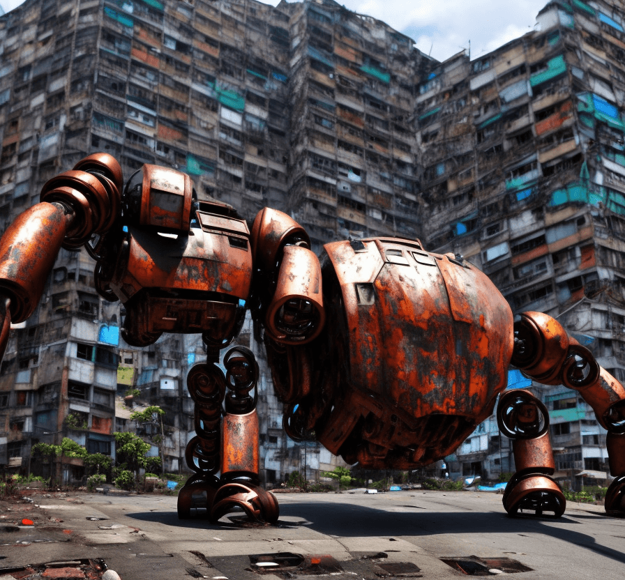 AI generated: a huge lost  rusted big robot  is dead. It is lying on its back on  the ground in the street in a  f...