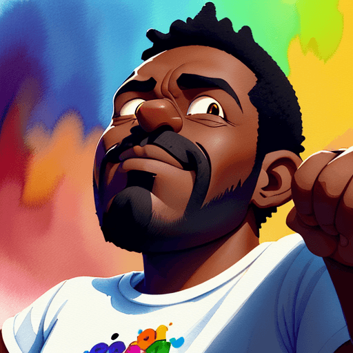 AI generated: Low angle shot looking up at a dark skinned man knitting, he has a determined expression on his face...