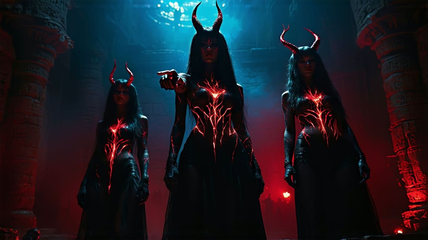 AI generated: Hyper realistic, eye level, hig, Photo Rock music concert.  cinematic photo of three female demon ch...