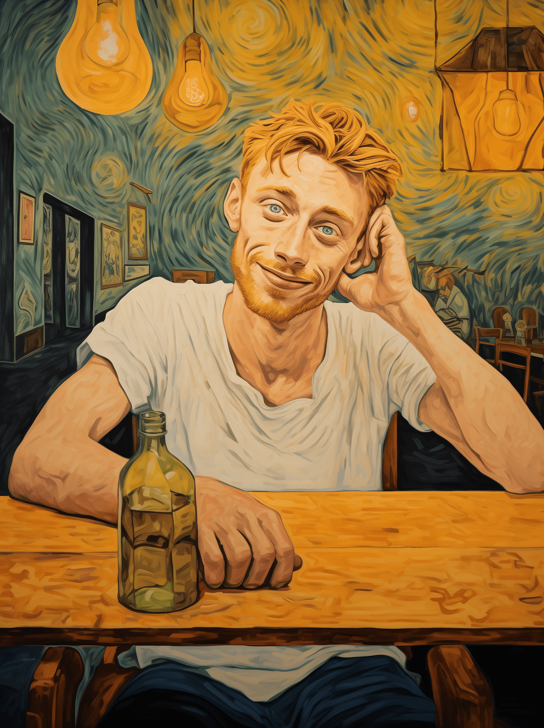 AI generated: 20-year-old guy, wearing a white t-shirt and tan shorts, hands behind his head, smiling, sitting in ...
