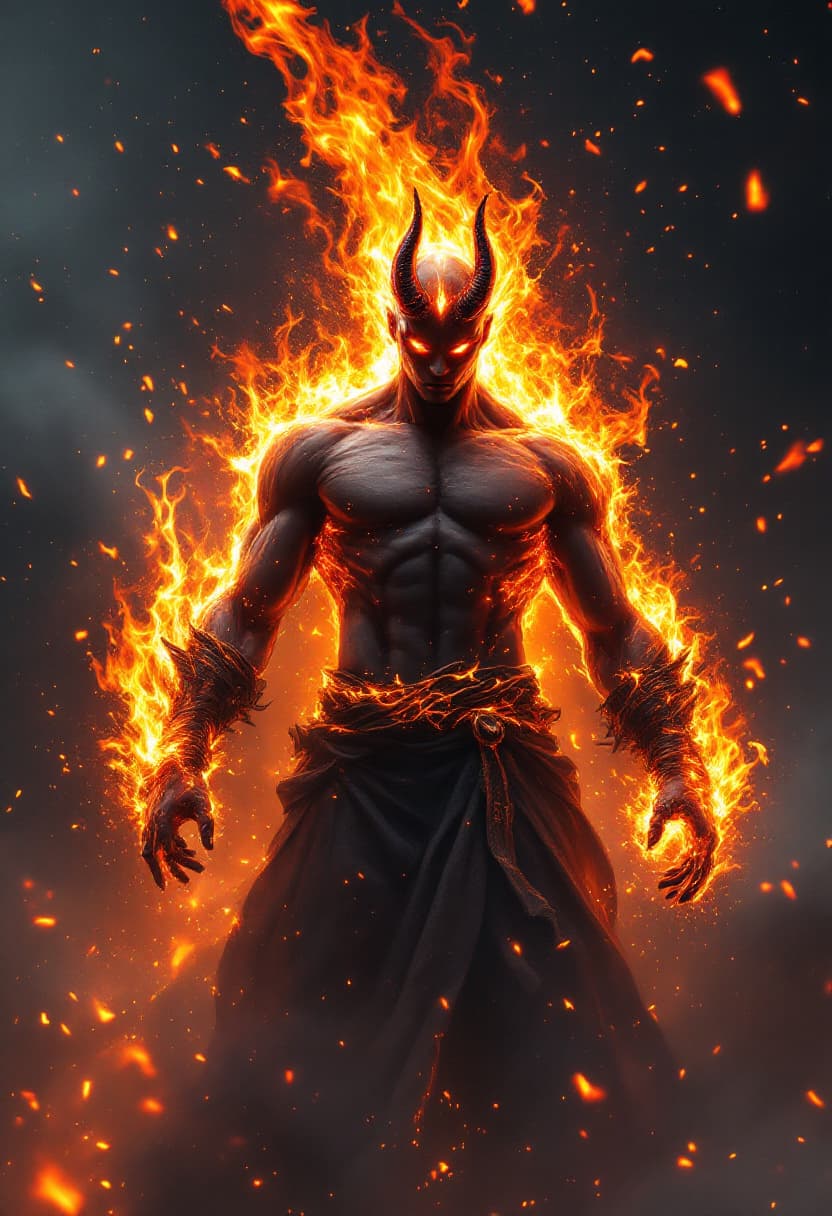 AI generated: God of Fire full-body, Etherial, muscular, charcoal colored skin, Glowing red eyes, epic, cinematic,...