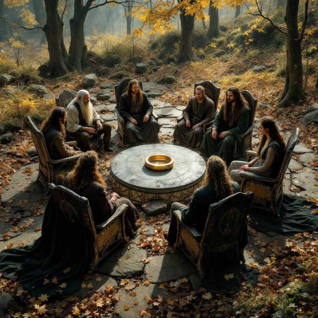 AI generated: Create an image of the Elrond's council of the movie Lord if the rings. Make it realistic as it was ...
