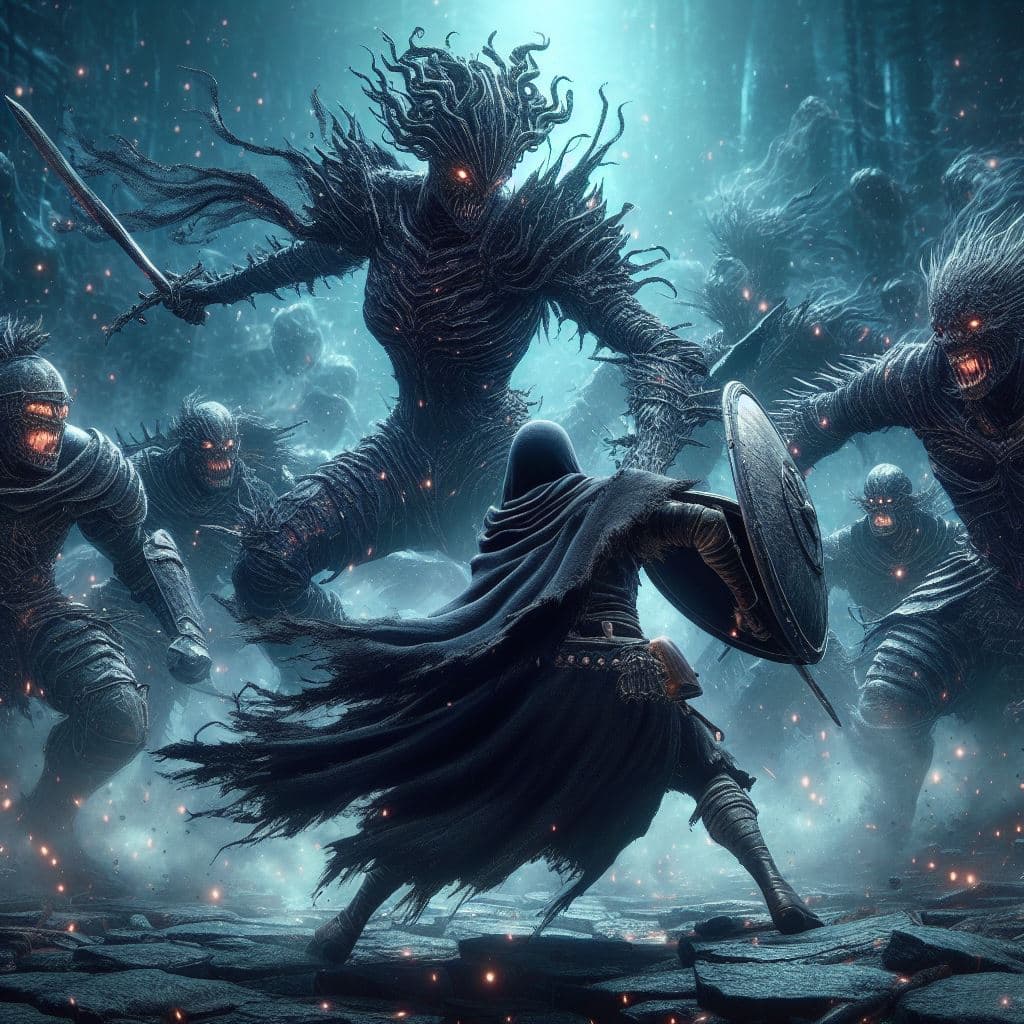 AI generated: Guts from berserk in dark souls 3 fighting with catarina against the final boss.