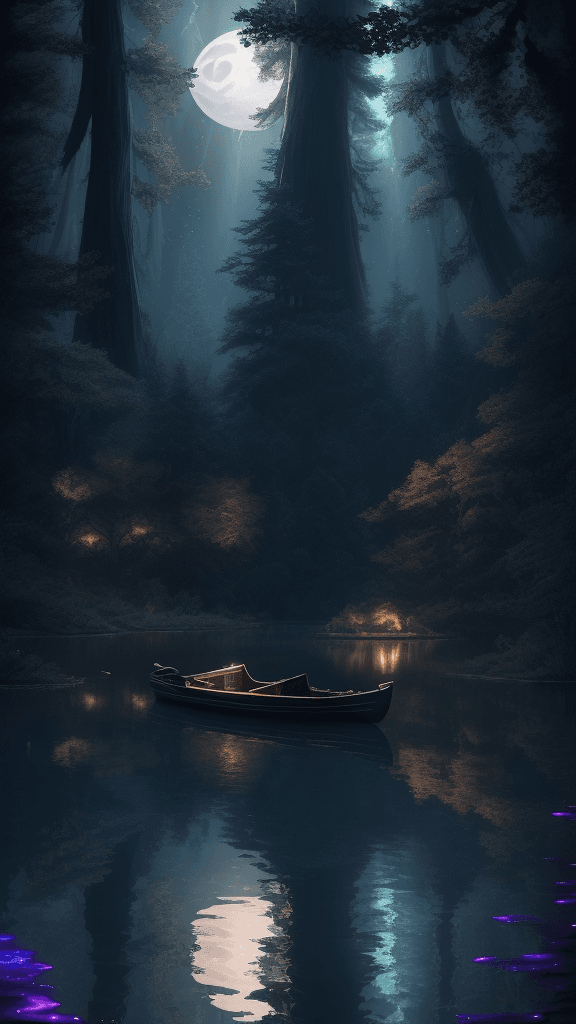 AI generated: waist-deep lake, boat, moonlight, forest, dark and mysterious, colorful, ultra highly detailed, 32 k...