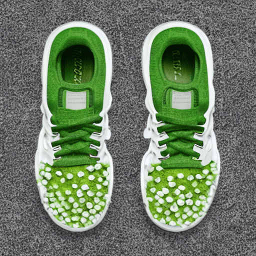 AI generated: vapormax sneakers made from green leaves and moss, small white flowers growing from moss, white back...