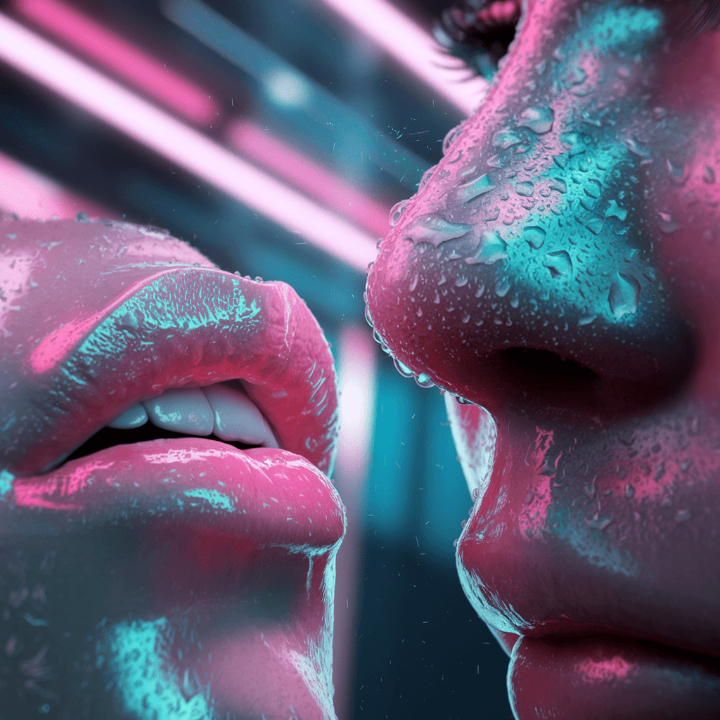 AI generated: "A hyper-realistic close-up of glossy, pink lips and nose covered in glistening water droplets. The ...