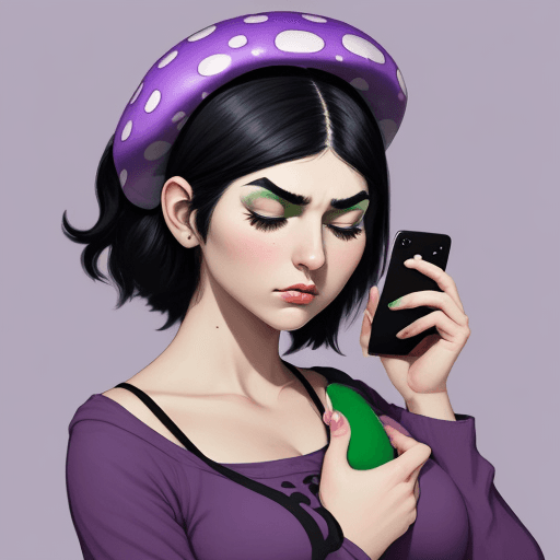 AI generated: Artistic illustration of a girl with black hair and green eyebrows, holding an iPhone 11 and being u...