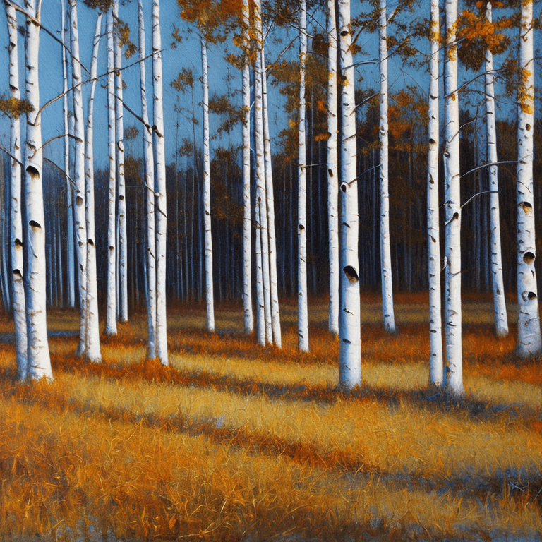 AI generated: a painting of some trees in the snow, an oil painting, shutterstock, american scene painting, birch ...