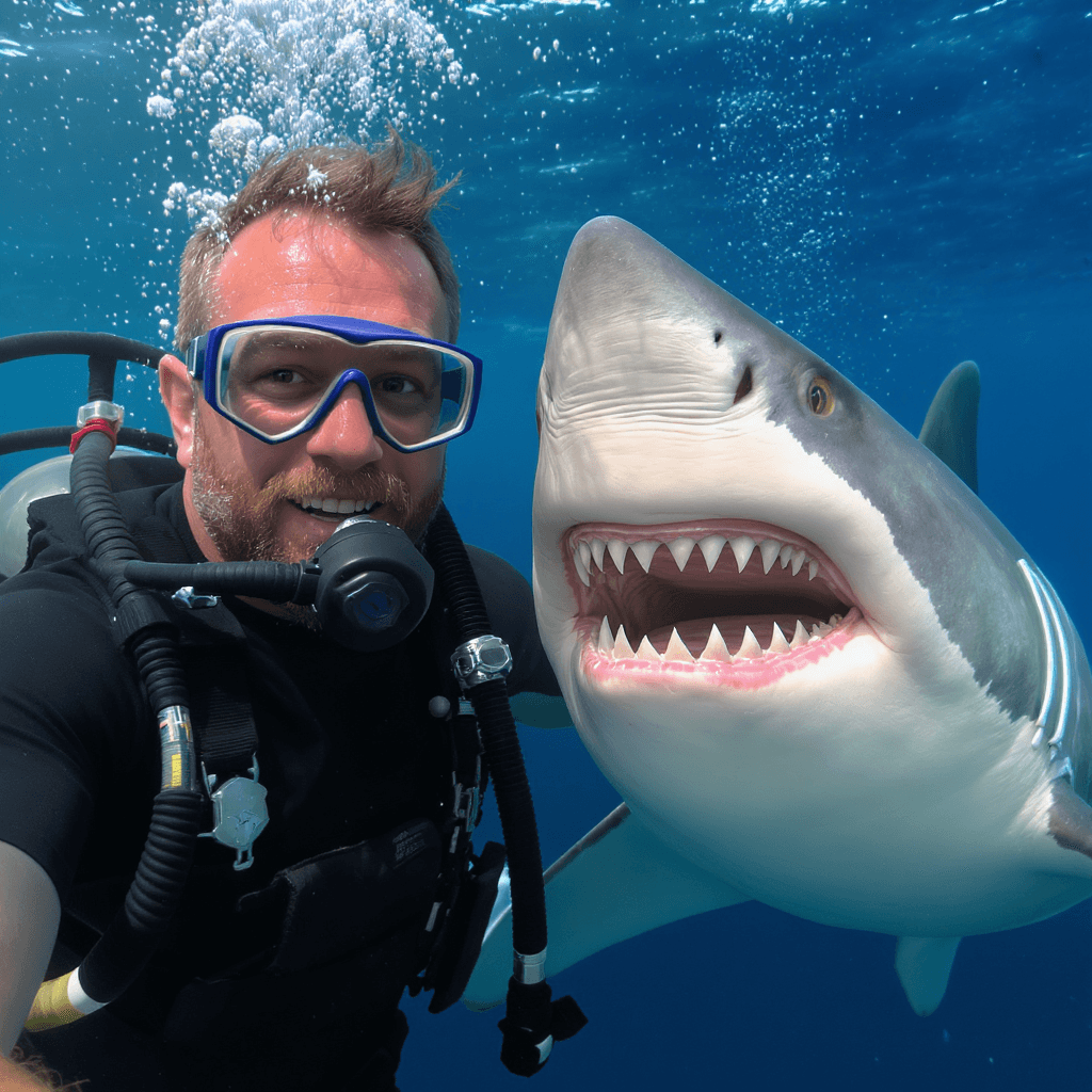 AI generated: A man scuba diving next to a great white shark, happy expression, photorealistic, iPhone photograph ...