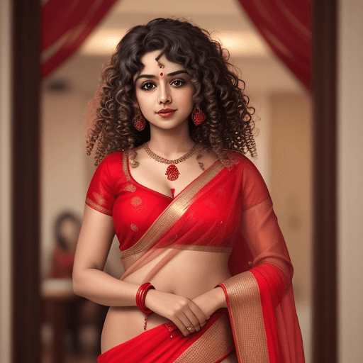 AI generated: a women in red saree and curly hair