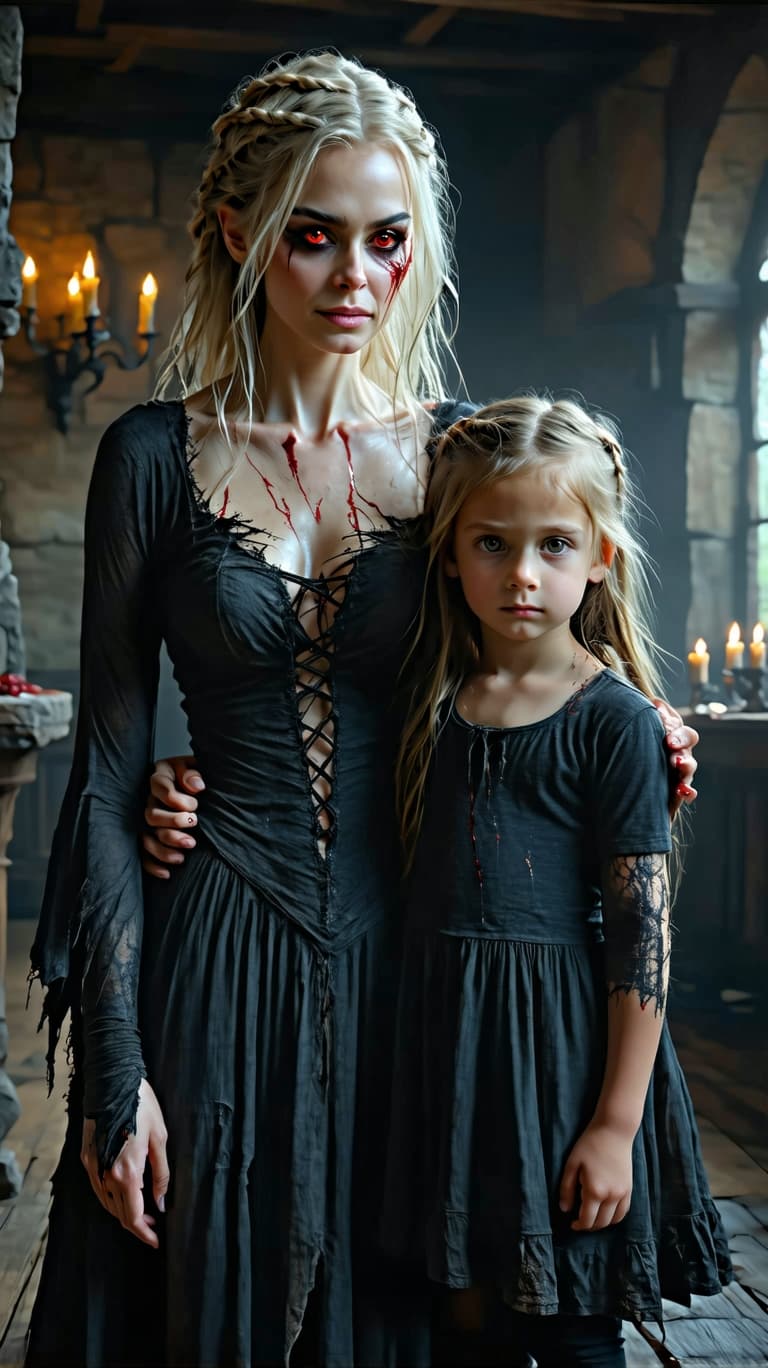 AI generated: A tween  female vampire, standing next  beautiful five year old girl, , with bite marks on her neck ...