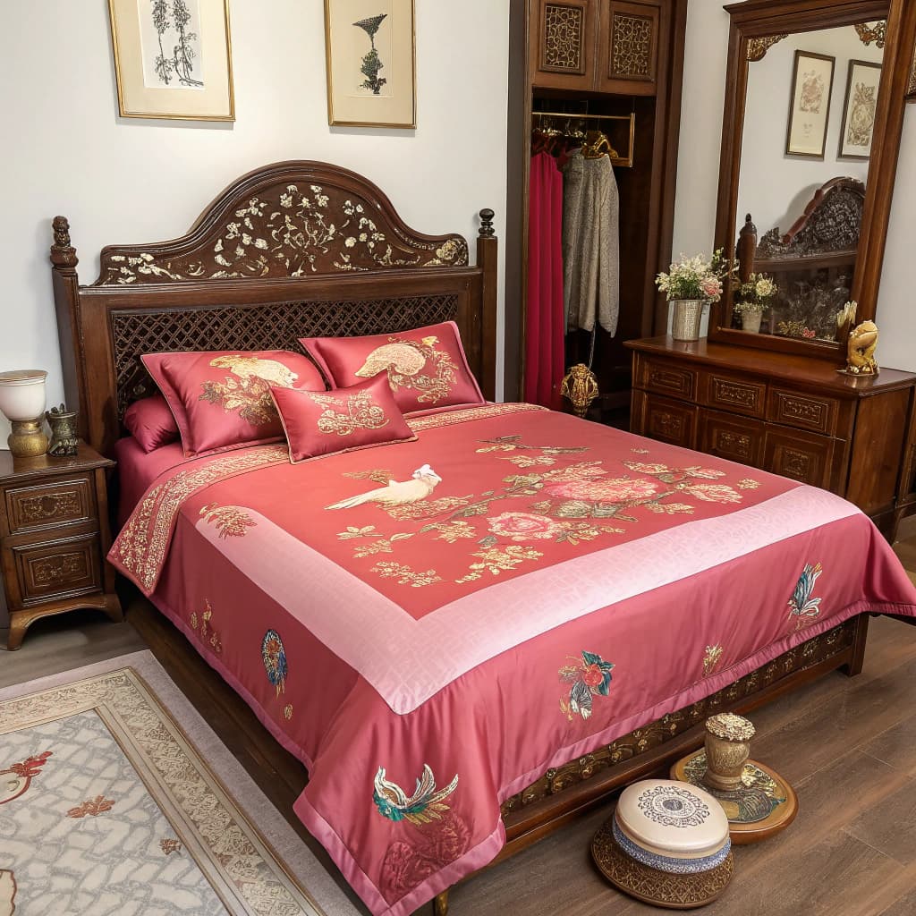 AI generated: (sex:1.4),NSFW,(hanfu),no bra,no panties,
redwood carved bed, mandarin ducks pattern, embroidered s...