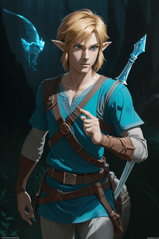 AI generated: an award winning poster of link from legend of zelda, 1man, 23 years old (blue clothes), fantasy amb...