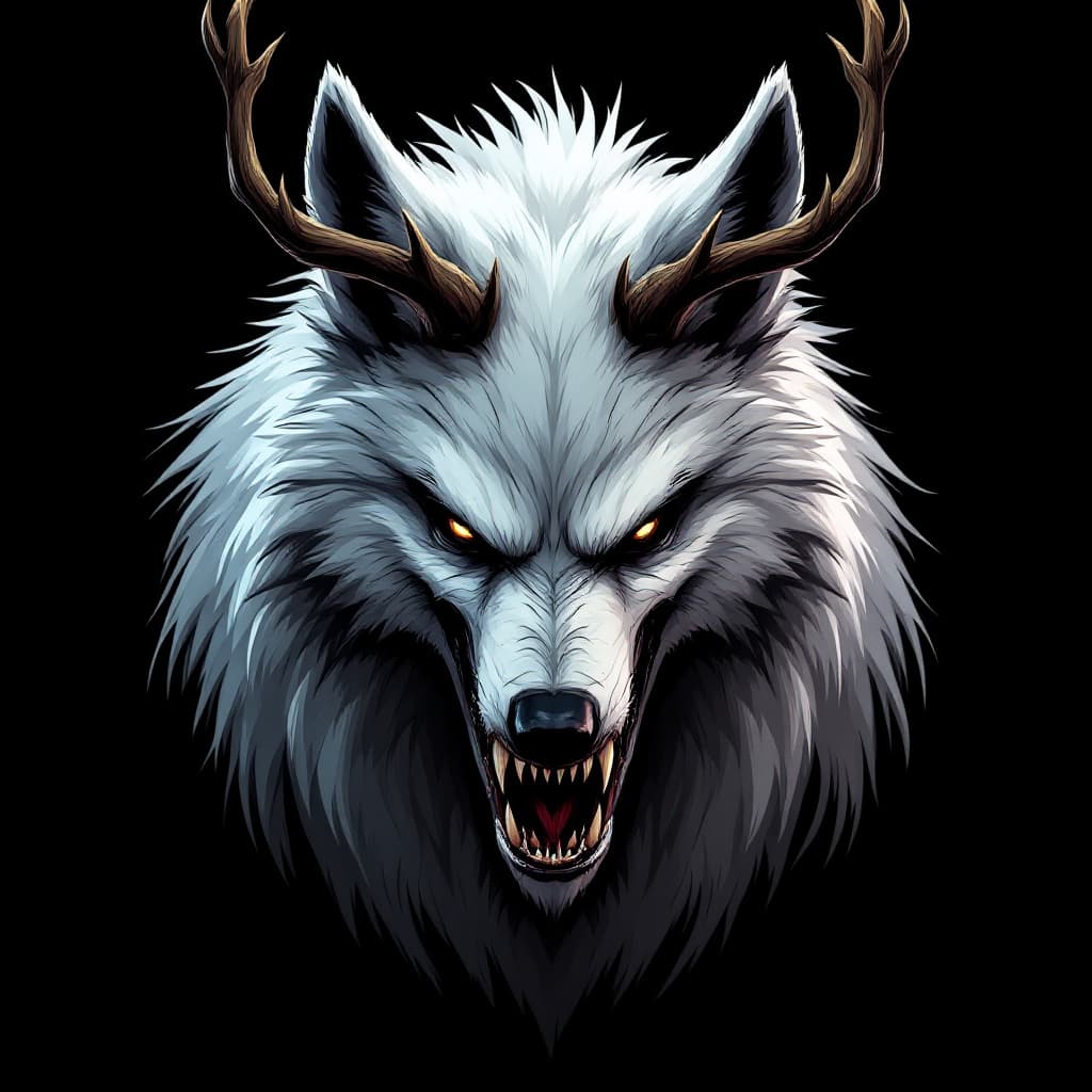 AI generated: wolf, anime stylized, antlers, monster, menacing, white fur with black accents, scary, black eyes, h...
