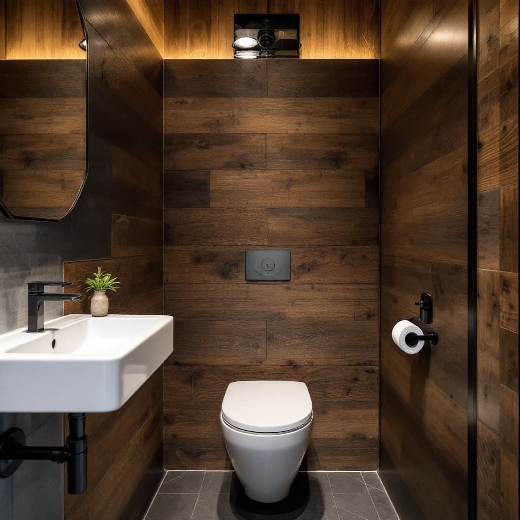AI generated: A small WC with no windows in a restaurant in New York that serves comfort food. The restaurants' st...