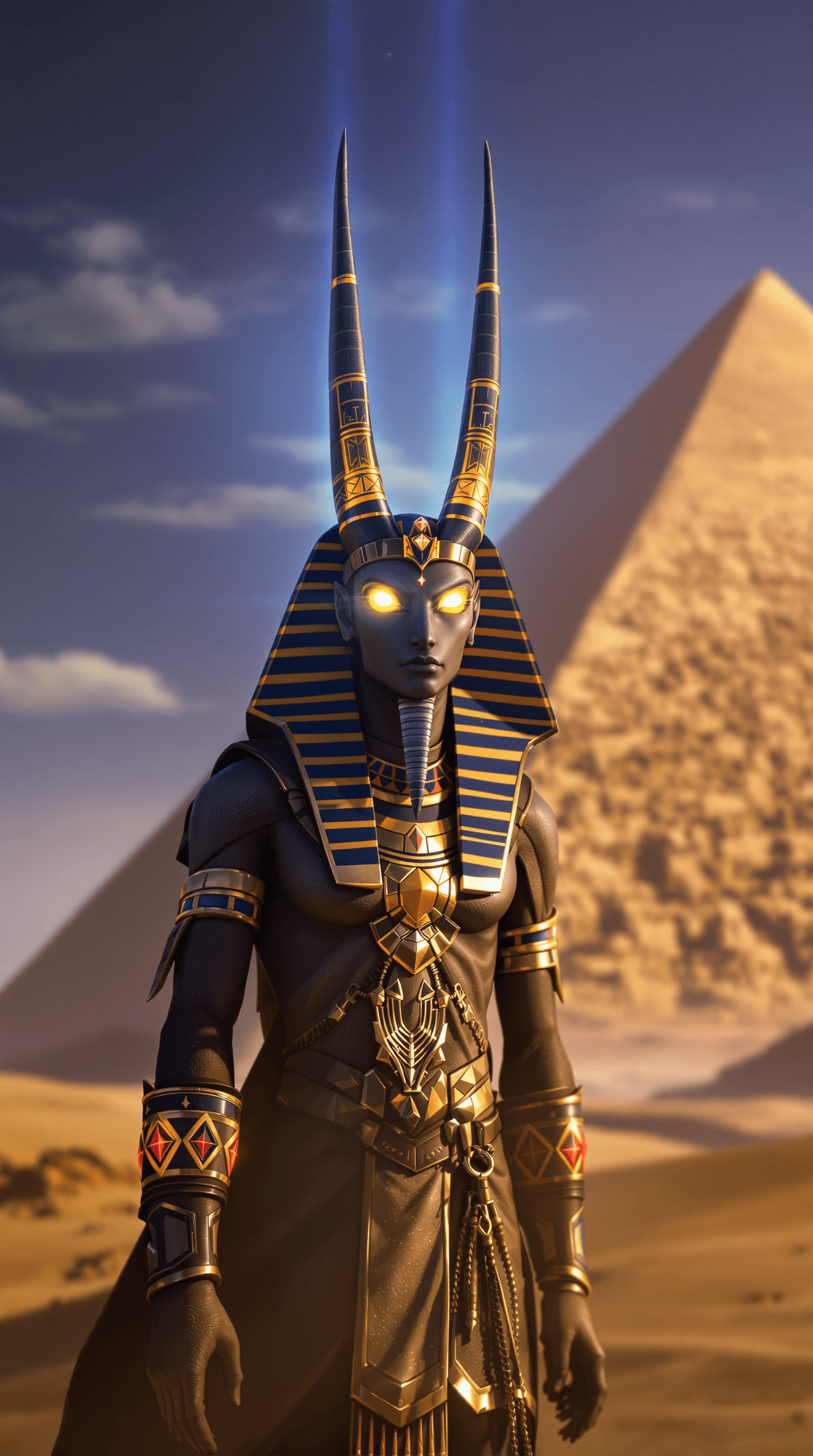 AI generated: anubis god egypt, background pyramid, glowing eyes, god, egypt, sand, armor