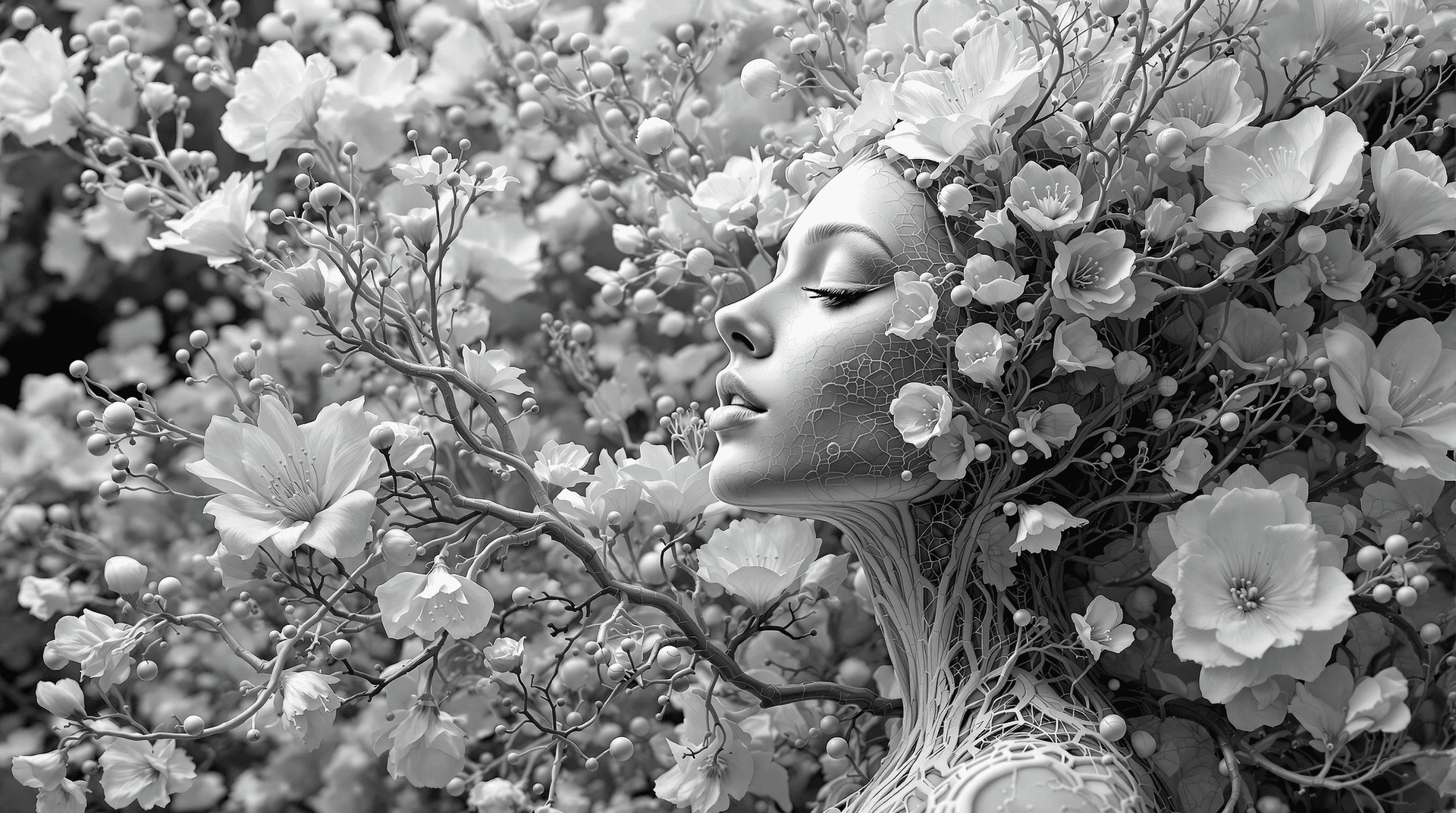 AI generated:  3d woman in flowers with human and flower shaped branches, in the style of medical imaging film. , ...