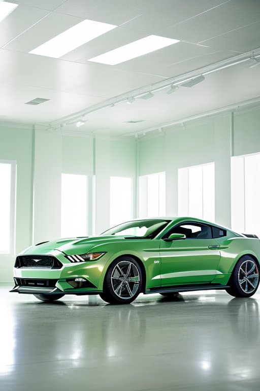AI generated: All white tile room, metallic green ford mustang, perfect orange, bright lighting, pastel colors, in...
