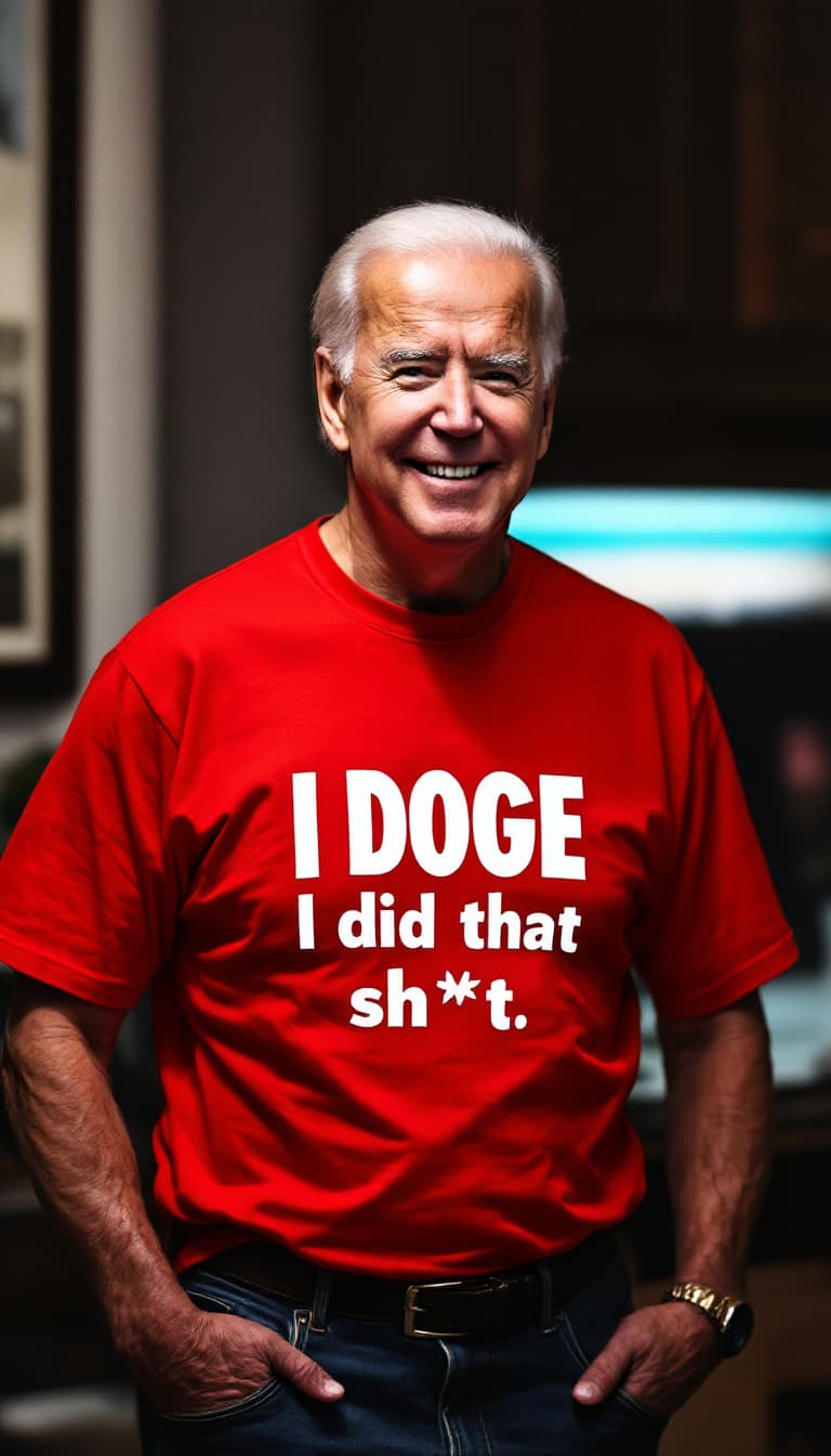 AI generated: Joe Biden wearing a Bright Red t-shirt,  the t-shirt logo reads "DOGE: I did that sh!t" in bold whit...