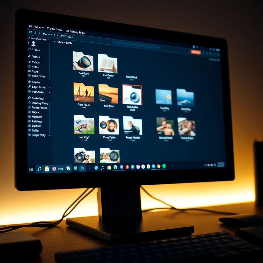 AI generated: Computer screen showing neatly organized digital files  dslr, ultra quality, sharp focus, tack sharp...
