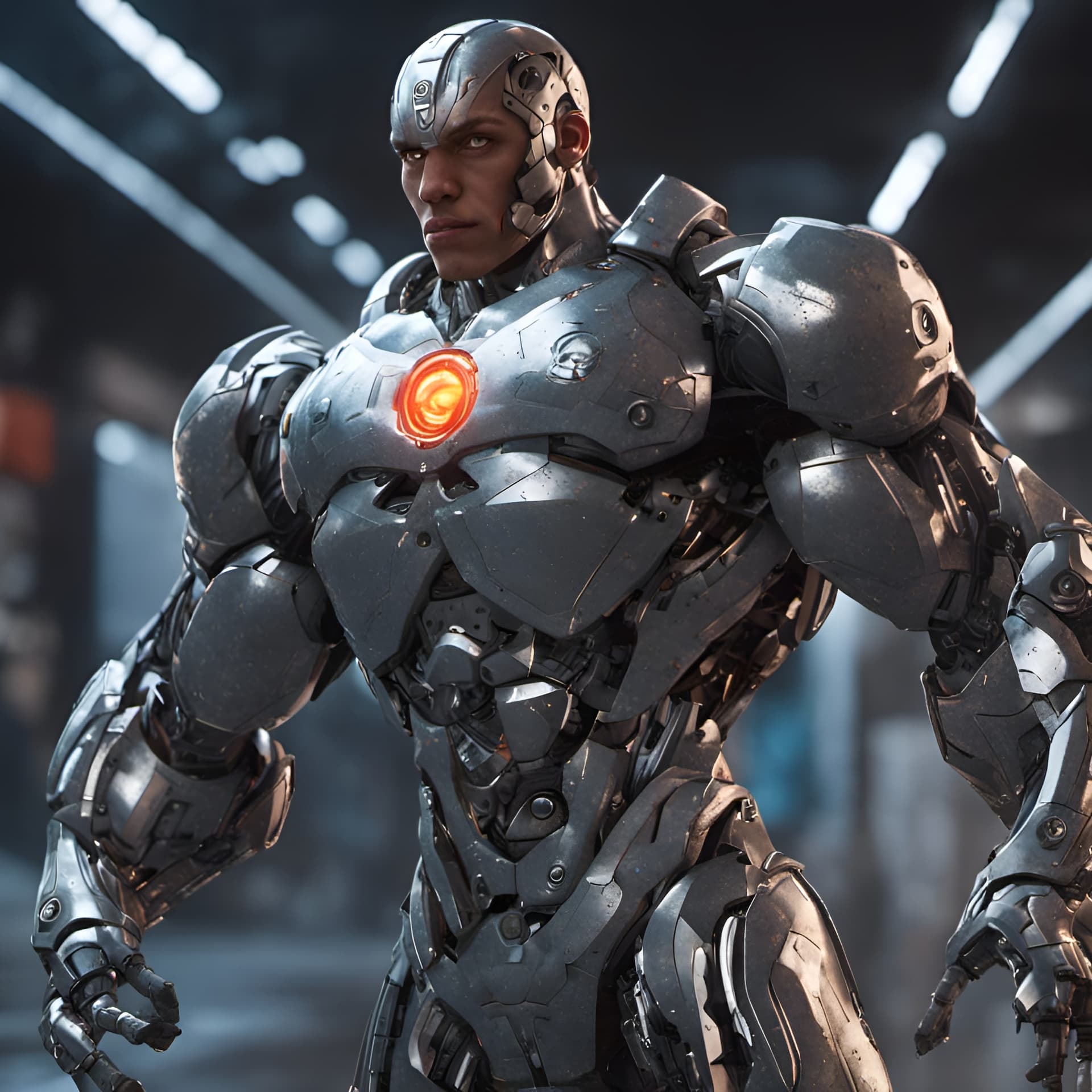 AI generated: Cyborg from Teen Titans, studio lighting --ar 2:3 --beta --upbeta, fullshot, trending on artstation,...