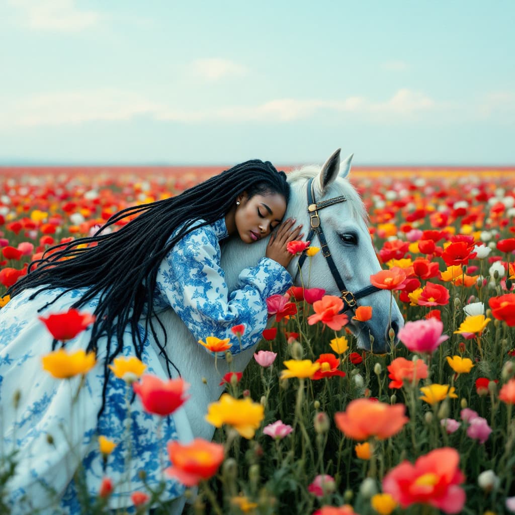 AI generated: A surreal, dreamlike photo capturing a young Afro-American woman with long, flowing black dreadlocks...