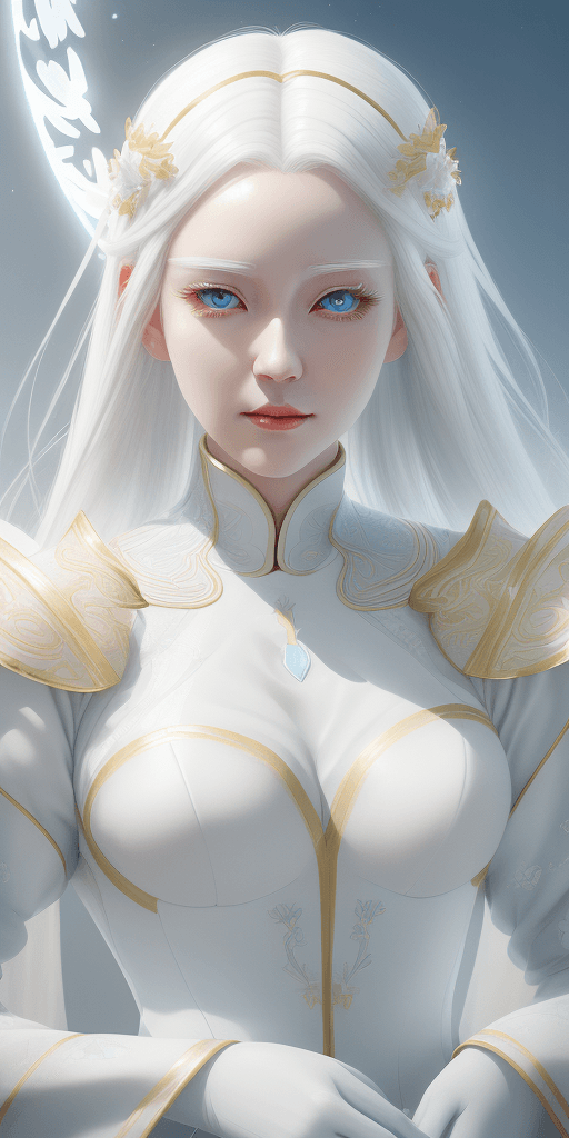 AI generated: a white female with white hair surrounded by white halo, in the style of vray tracing, exquisite clo...