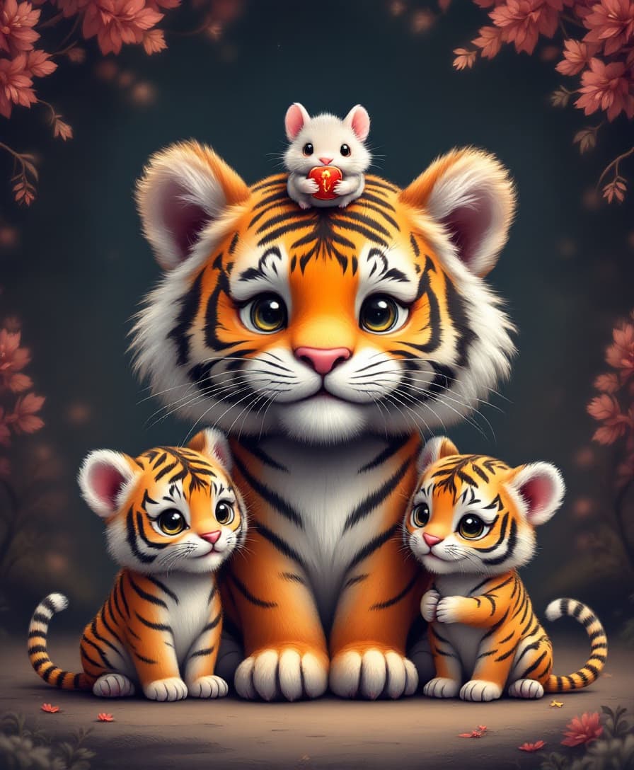 AI generated: The main body should be kawaii art style,a tiger and two tiger cubs, and a oversized mouse ,with a m...
