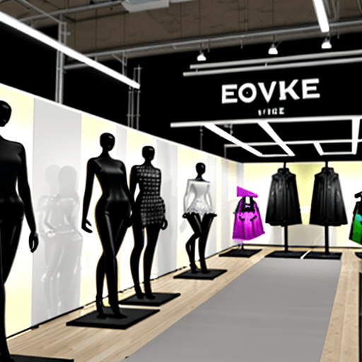 AI generated: Design an immersive backdrop for a clothing store, featuring trendy mannequins, racks overflowing wi...