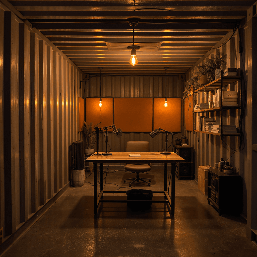 AI generated: “A highly realistic wide-angle photograph of an industrial-style podcast room built inside a repurpo...