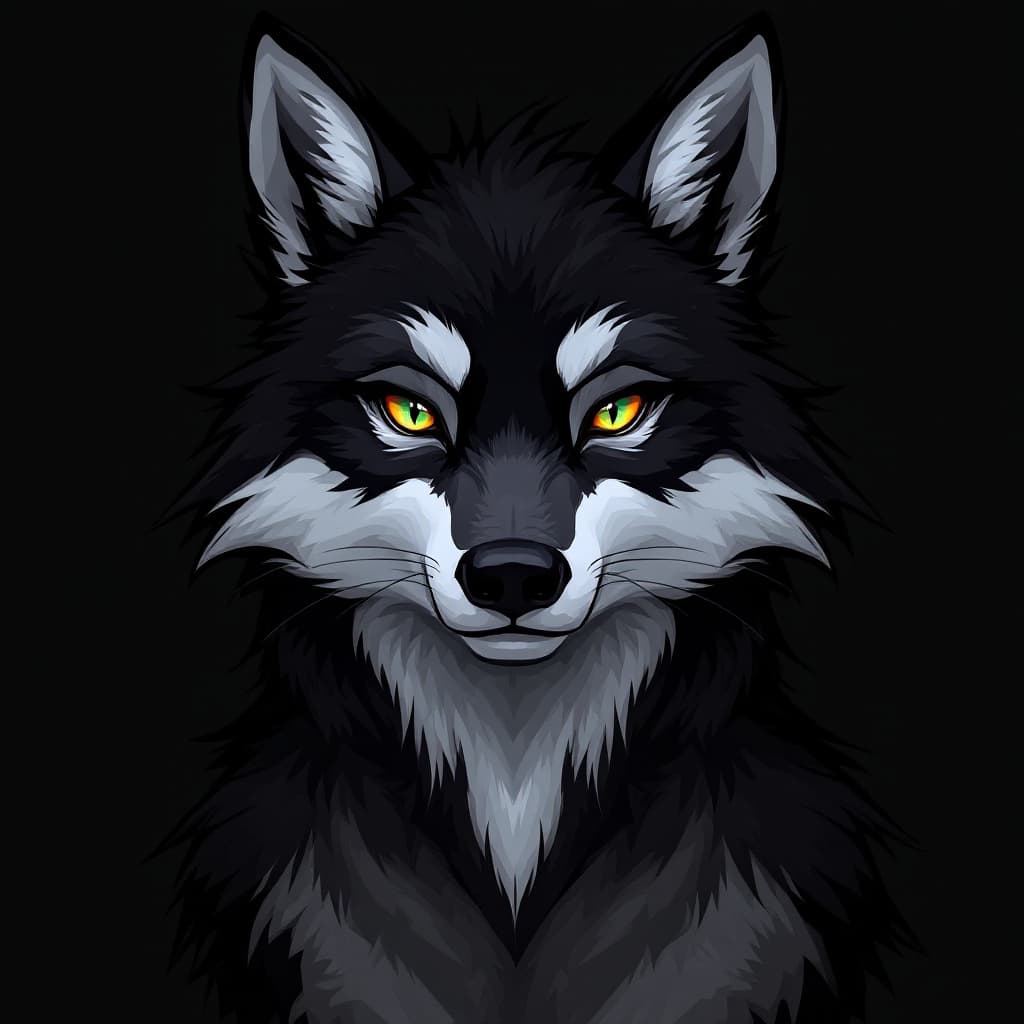 AI generated: Black Wolf fursona with dark gray, closer to black, highlights. It has extra wolf ears. It also has ...