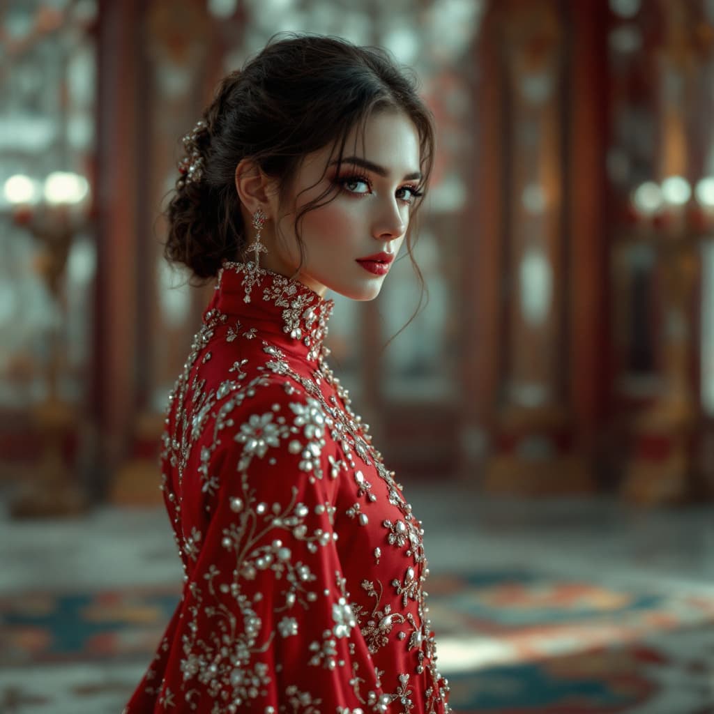 AI generated:  gorgeous man in red dress made with rubies and sparkling diamonds with intricate details, fashion d...