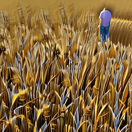 AI generated: Wheat field, a farmer uncle with a straw hat standing in a wheat field, big clouds, blue sky, rice f...