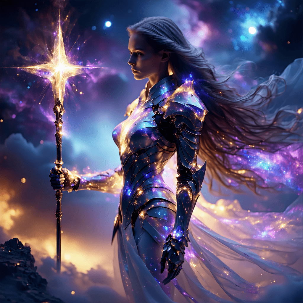 AI generated: A powerful cosmic guardian, her form radiating a soft, ethereal light, wears a suit of armor that sh...