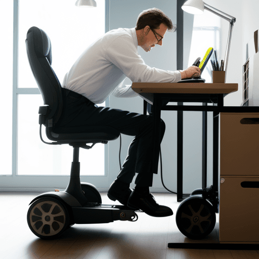 AI generated: office work. an electric trottinette charging. A men working at his desk