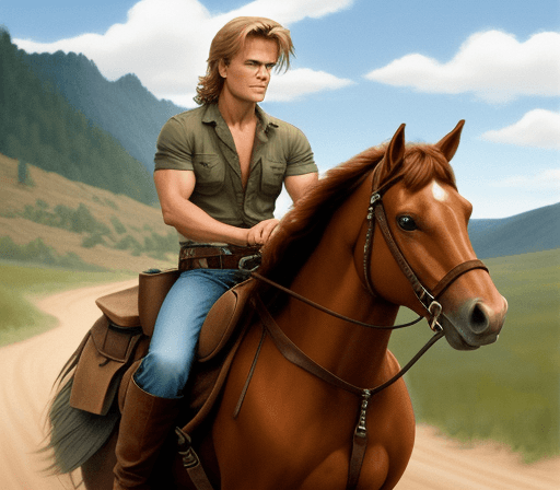AI generated: Macgyver from the tv show riding on a horse together with a swedish girl with brown curly hair
